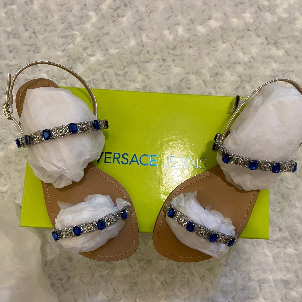 Versace Jeans Ladies Blue Glitter Mirror Flat Sandals-37 - Picture 9 of 12